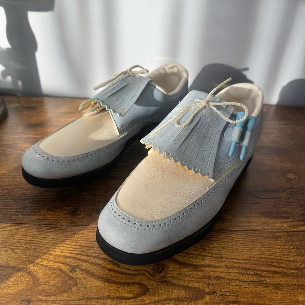 Jack Nicklaus Vintage 1973 Women’s Golf Shoes Blue Metal Spikes Kiltie 8 M